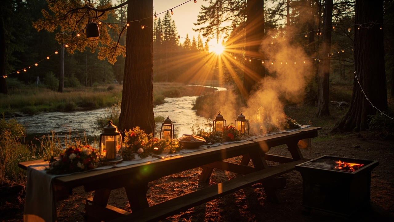 Creekside long table dinner with open fire cooking at golden hour
