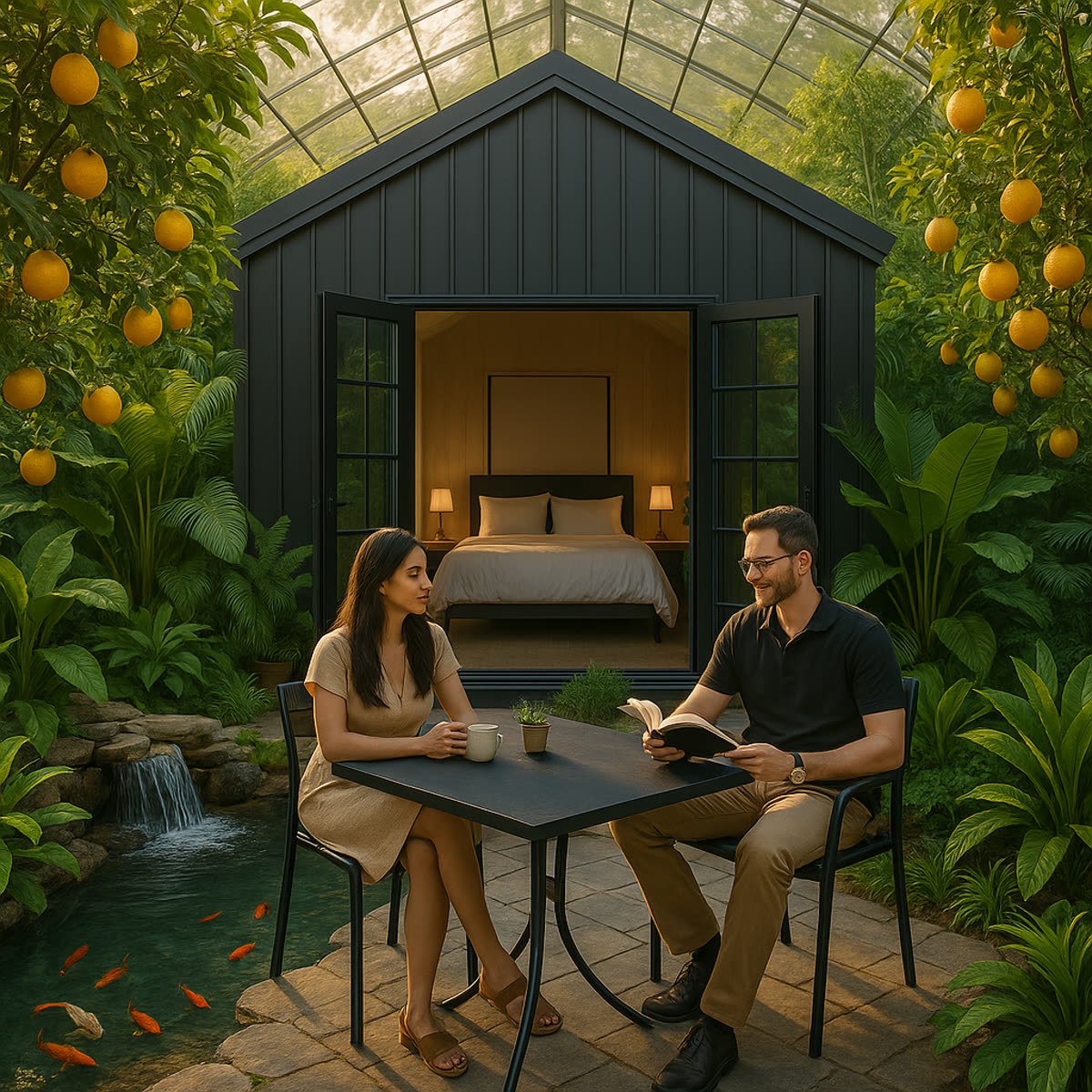 Guests dining beside a dark glass cabin, koi pond and citrus grove in a living greenhouse