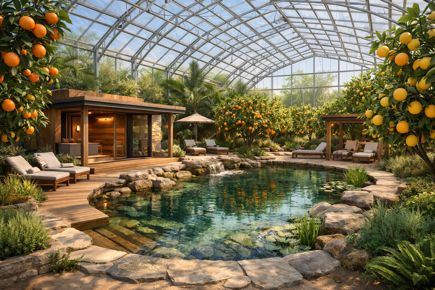 Cabin, natural swimming pond, and citrus groves inside the greenhouse sanctuary