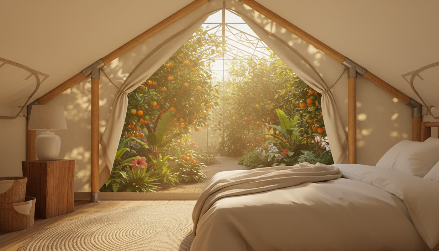 Interior of luxury tent suite looking out into orange grove at golden hour