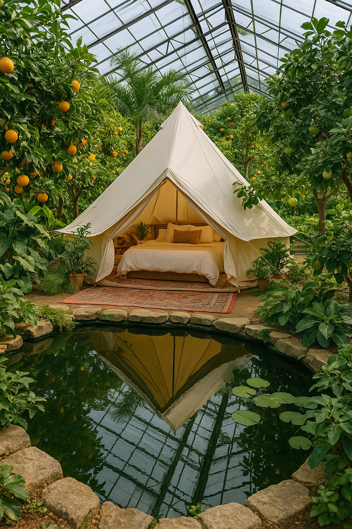 Canvas bell tent suite beside a natural pond inside a citrus greenhouse